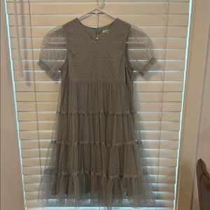 Dotted Tulle puff Sleeve Gray/Blue Kids Dress
